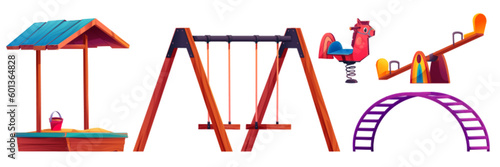 Cartoon set of playground equipment isolated on white background. Vector illustration of sandbox with toy bucket, wooden, swing, ladder, horse spring rocker for childrens outdoor fun and recreation