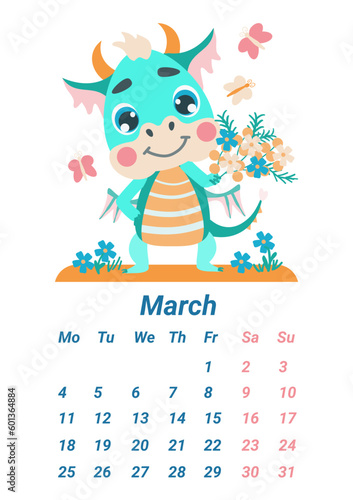 Vertical page of the children s calendar with a small green dragon. March 2024. Calendar with a dragon  the symbol of the year.  Illustration of a dinosaur holding flowers is  flat cartoon style.