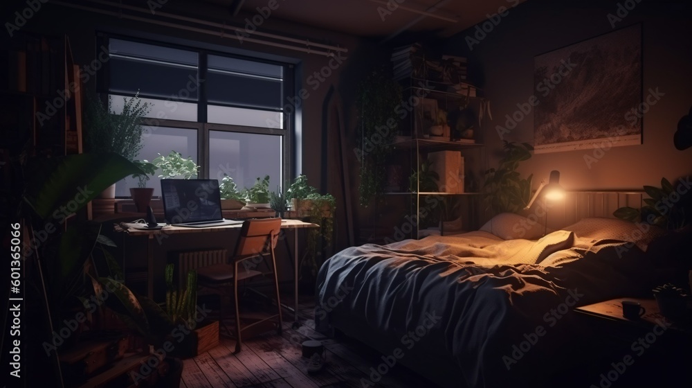 Cozy lofi room workstation, wallpaper background illustration, design, bedroom, Generative AI Cozy lofi room workstation, wallpaper background illustration, design, bedroom, Generative AI