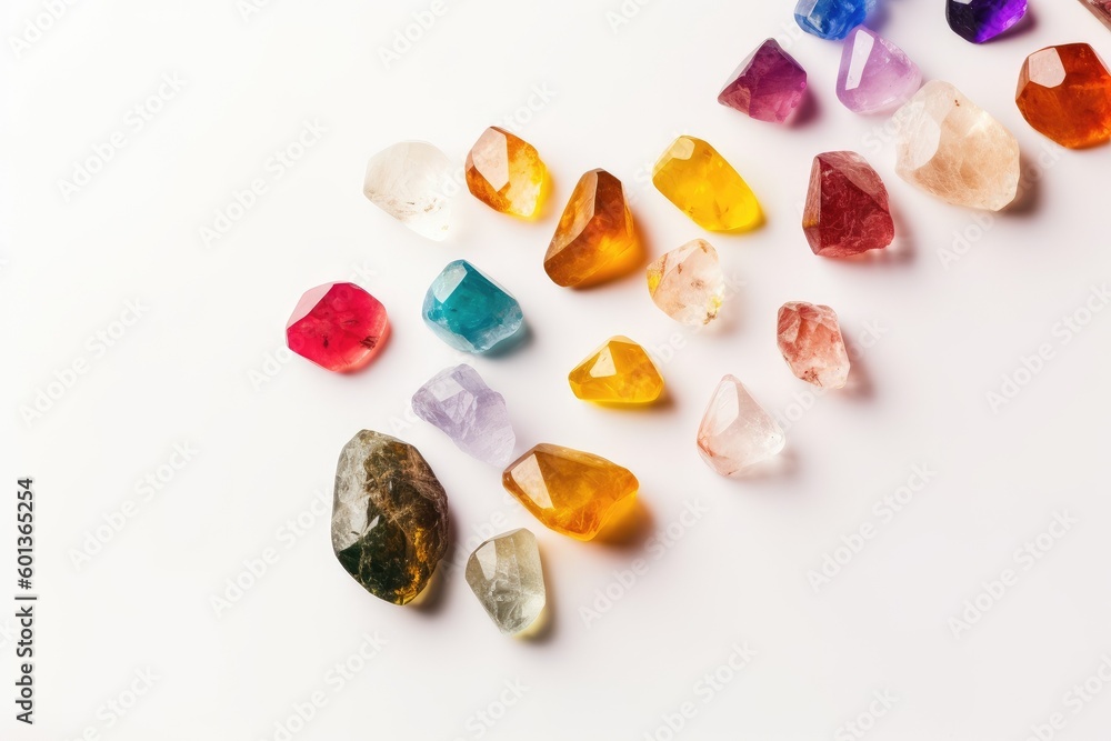 Assorted of glistening colored spiritual crystals on white background, isolated.