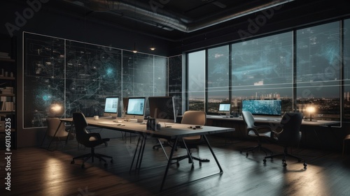 Comfortable and refined office space in a modern building. Dark muted tones, a wooden desktop with a desktop computer, expensive elite finishing materials, huge panoramic windows. Modern Generative AI © Georgii