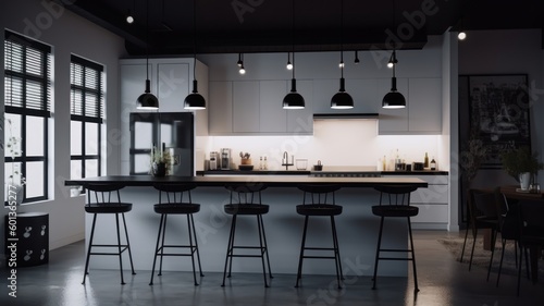Modern minimalist kitchen in black and white with loft-style elements, spectacular lighting, counter and bar stools. Generative AI