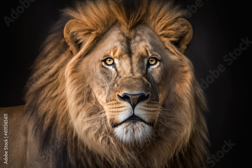 Lion portrait on dark background. AI Generative © Uliana