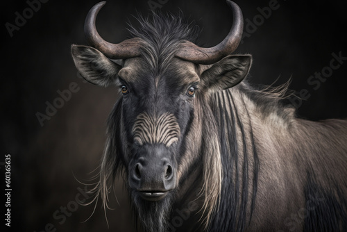 Wildebeest portrait on dark background. AI Generative