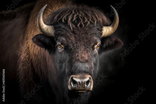 Bull portrait on dark background. AI Generative