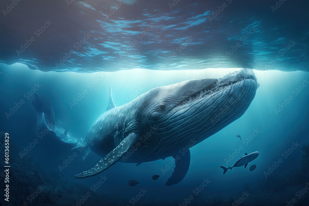 Beautiful whale is swimming in the ocean. The largest fish of the ocean ...