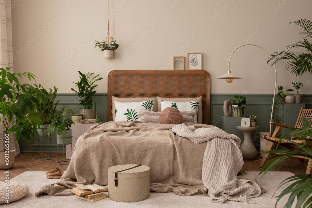 Creative composition of bedroom interior with cozy bed, plants, beige  beding, stylish lamp, rattan armchair, pouf, carpet, brown slippers, wooden  stool and personal accessories. Home decor. Template. Stock Photo | Adobe  Stock
