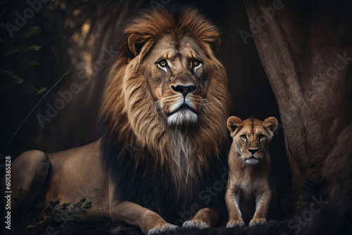 Lion with cub in natural habitat. Generative AI