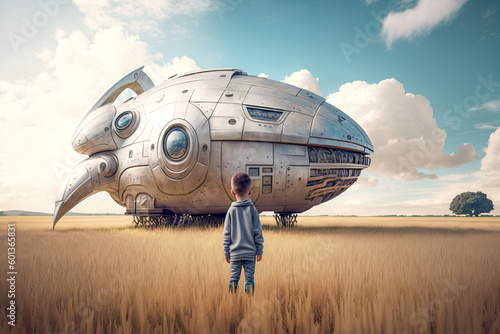A little boy stands in a field and looks at a huge alien ship. An illustration created with generative AI technology.