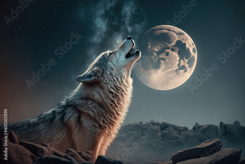 Wolf standing on hill and howling at the full moon, Generative AI