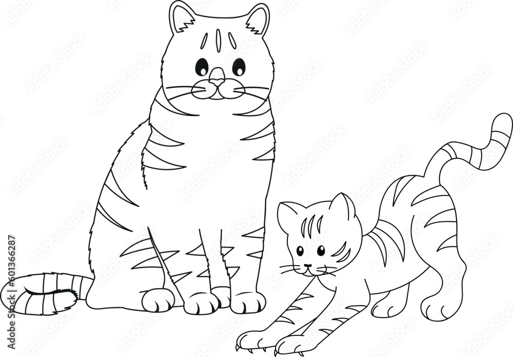 Mother and baby cat. Coloring page for kids. Cartoon illustration for