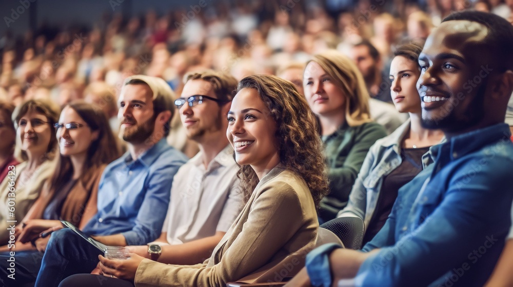 Multi ethnic audience sitting in an amphitheater and applauding