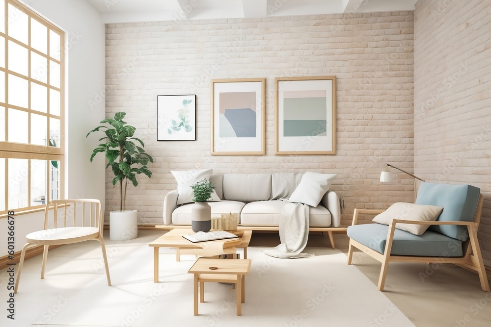 Fototapeta premium Luxurious apartment background with contemporary design. Modern interior design. Mockup poster frame on the wall of living room. Architectural illustration. Generative AI.