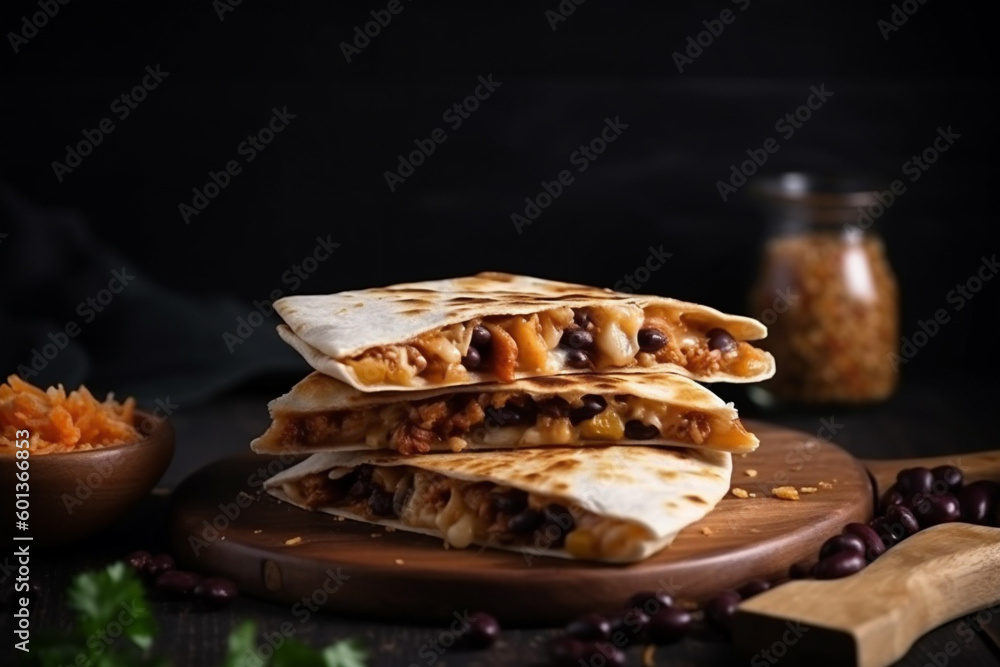 quesadilla mexican fast food on wooden board black backgraund, generativ ai quesadilla mexican fast food on wooden board black backgraund, generativ ai
