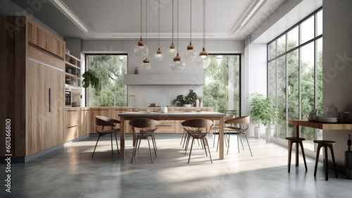 Modern spacious bright kitchen with dining area, table and chairs. Minimalistic design, free space, large panoramic windows with stunning views of the garden. The concept of a modern Generative AI