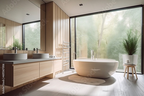 Exclusive modern bathroom with large bathtub and window  brochure  real estate ad  generative ai