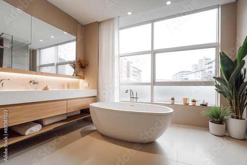 Exclusive modern bathroom with large bathtub and window  brochure  real estate ad  generative ai