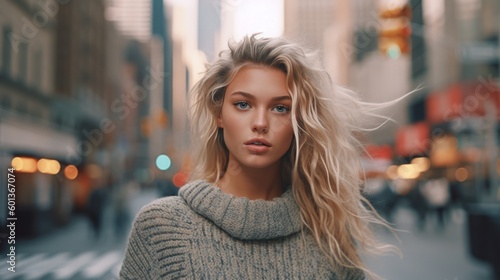 Portrait of young beautiful blonde woman with long hairs - Influencer posing for a fashion advertising campaign. Generative AI