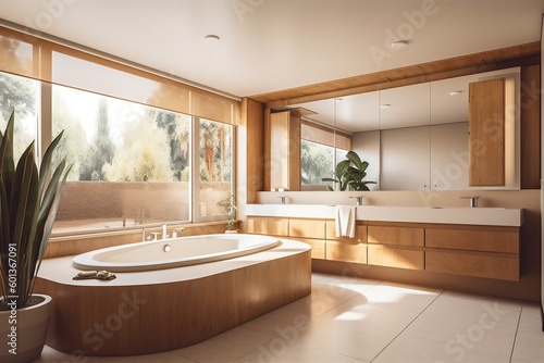Exclusive modern bathroom with large bathtub and window, brochure, real estate ad, generative ai