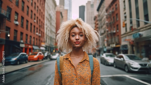 Portrait of young beautiful blonde woman with long hairs - Influencer posing for a fashion advertising campaign. Generative AI