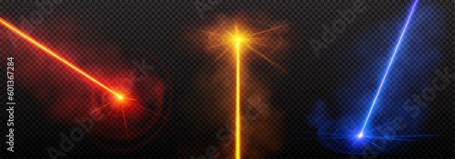 Red laser light beam effect isolated on transparent background. Vector blue neon line abstract design. Lazer show with sparkle and smoke presentation pointer. Led broadway entertainment illustration