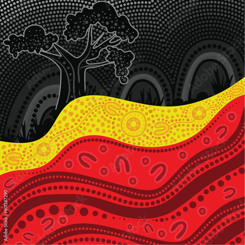 Aboriginal-inspired dot nature painting featuring the colors of the aboriginal flag