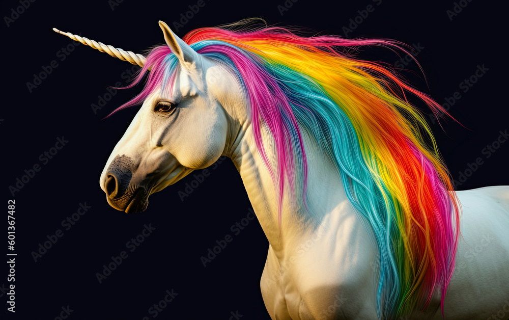 White unicorn in Rainbow flag colors. Symbol of lgbt gay community and homosexuality. Ai Generative illustration