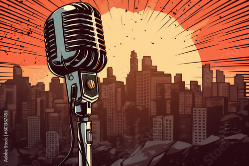 Generative AI cartoon illustration of a retro podcast microphone with advertising space on a cityscape background