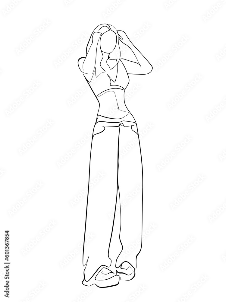 A woman posing is hand drawn in one line and line art style. Anime style body expression. Printable art. A woman posing is hand drawn in one line and line art style. Anime style body expression. Printable art.