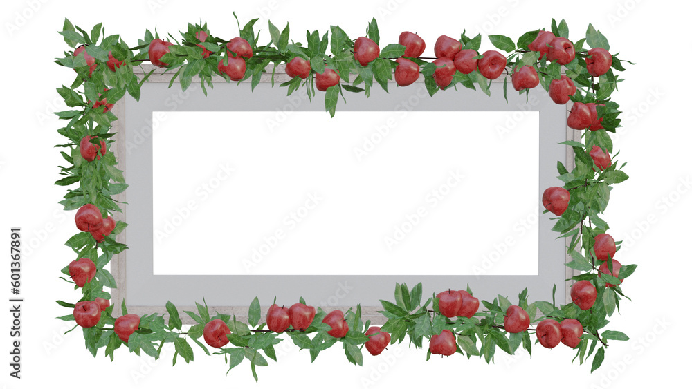 wooden frame with inner white paper frame and apple tree border as transparent png file.