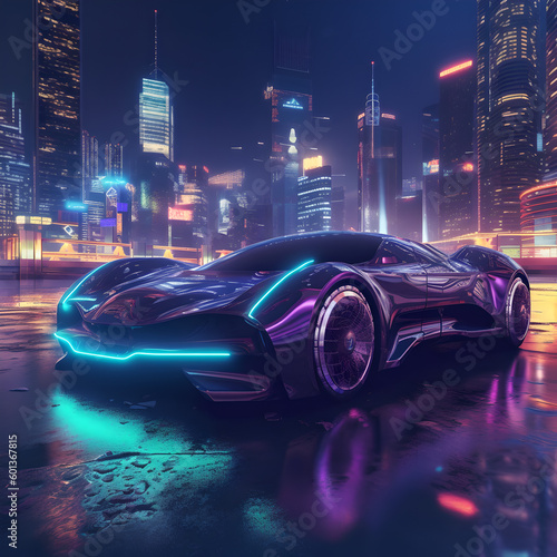 Sports cyberpunk futuristic car on a neon cyberpunk city background. AI Generated. Generative AI © Philippova