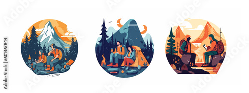 illustration of Man and woman traveling in mountains and forest with backpacks cooking on fire, sitting, sleeping in tent. 