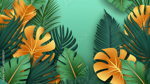 Banner with exotic jungle tropical palm leaves. Summer floral design, paper cut style. Copy space. illustration. Generative AI
