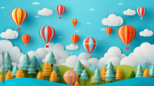 Beautiful fluffy clouds on blue sky background with colorful hot air balloons. illustration. Paper cut style. Place for text. Travel and adventure concept