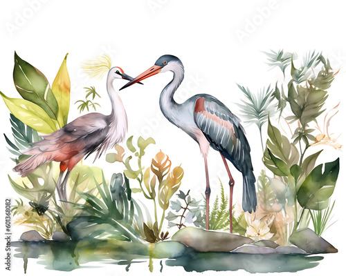 Watercolour illustration of two birds interacting with each other. Generative AI. © Art Vision