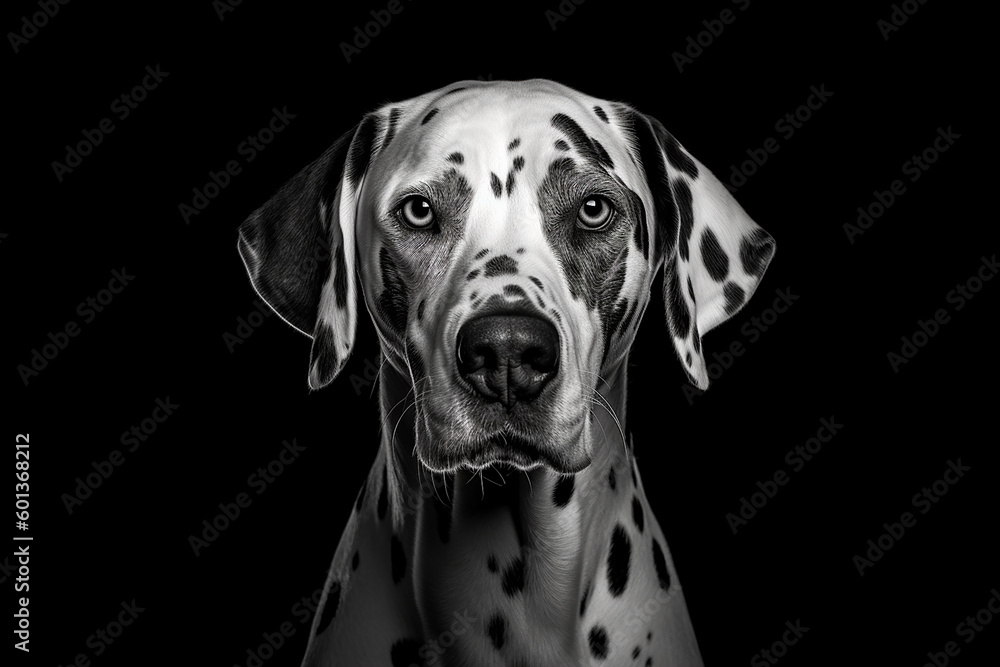 Black and white photorealistic studio portrait of a Dalmatian dog on black background. Generative AI illustration