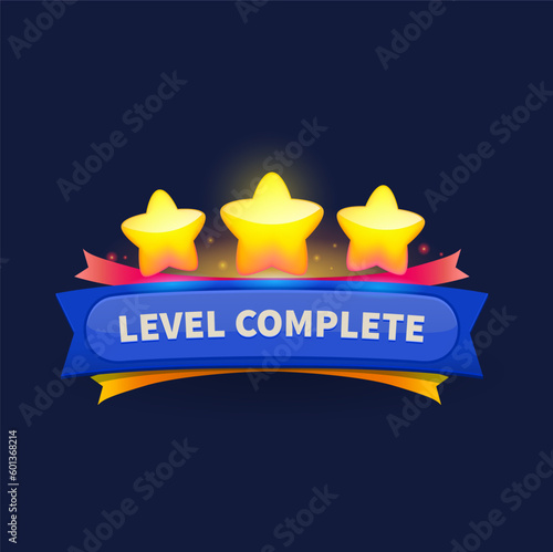 Game level complete badge or icon with golden stars. Isolated ui or gui popup screen asset, button, banner for mobile app or game menu interface