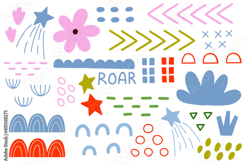 Colorful shape doodle collection. Funny basic shapes, random childish doodle cutouts hand and decorative abstract art on isolated background.