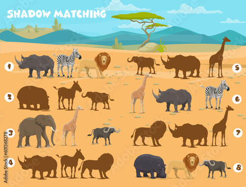Shadow matching game. African savannah safari animals. Silhouette find kids game, similarity search puzzle or shadow match quiz with rhino, zebra, lion and giraffe, elephant, buffalo, hippopotamus
