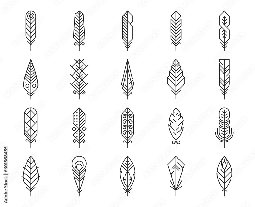 Feather line icons, plume light feathers or lightweight smooth quills, vector symbols. Bird feather outline icons in thin line art, bird quill with geometric ornament pattern or ethnic Boho decoration
