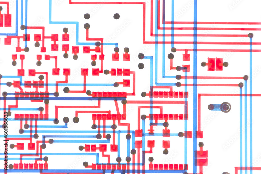 close up of a plotted circuit layout in red and blue for a printed board close up of a plotted circuit layout in red and blue for a printed board