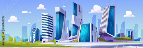Cartoon futuristic city with green park. Vector illustration of modern skyscrapers with glass walls, aircraft flying between houses, eco garden with lawn and trees. High tech urban architecture