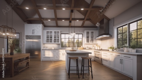 Modern stylish white kitchen in a spacious wooden house with large windows and beamed ceilings. Kitchen island with counter and bar stools. Classic American style. Generative AI