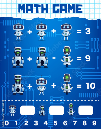 Math game worksheet. Cartoon robot characters. Child education playing activity, kids math vector puzzle or children mathematical game with alien robots, artificial intelligence droids personages