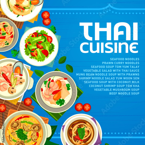 Thai cuisine restaurant menu cover template, vector Asian food dishes and meals. Thai cuisine traditional prawn curry noodles, vegetable salad with Thai sauce and coconut shrimp Tom Yum soup