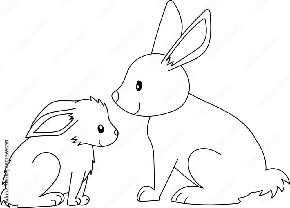 Mother and baby rabbit. Coloring page for kids. Cartoon illustration ...