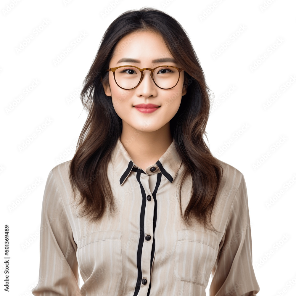 Portrait of an attractive, young, asian woman wearing eyeglasses and shirt. Isolated on transparent background, no background. - obrazy, fototapety, plakaty 