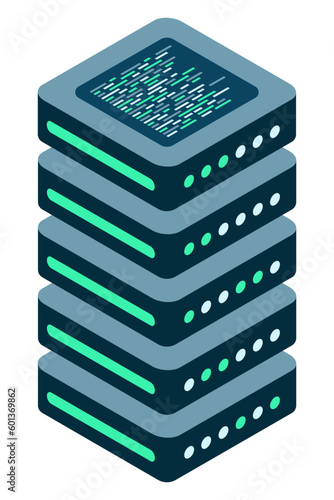 Isometric server. Network server room. 3D computer equipment. Storage database. Isometric technology. Vector illustration
