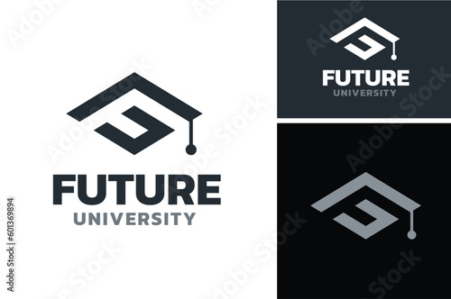 Initial Letter Monogram UF FU graduation mortarboard hat cap academic student college school university logo design	
