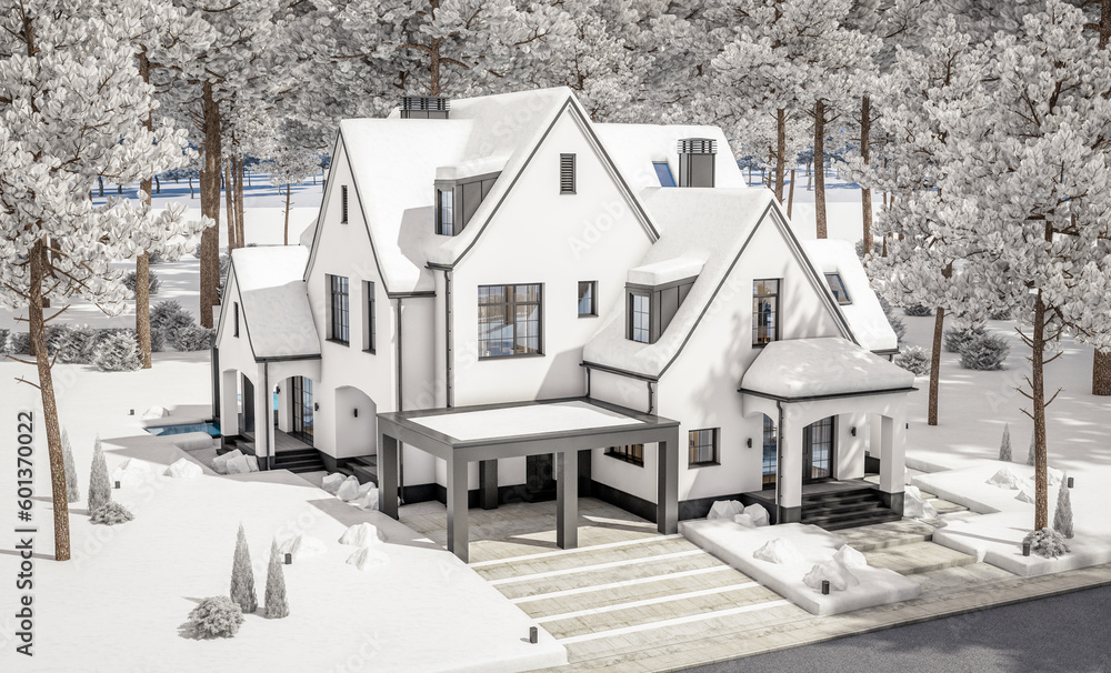 3d rendering of cute cozy white and black modern Tudor style house with parking  and pool for sale or rent with beautiful landscaping. Fairy roofs. Cool winter day with shiny white snow.